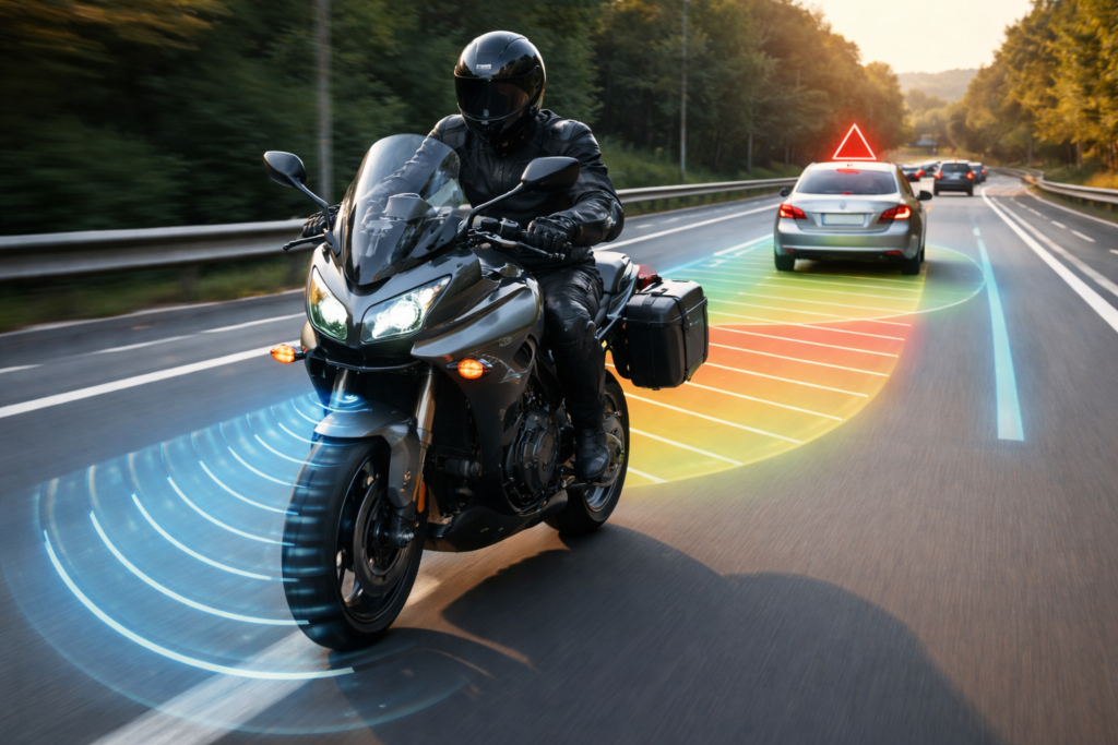 Advanced Rider Assistance System in action, motorcycle equipped with sensors detecting obstacles