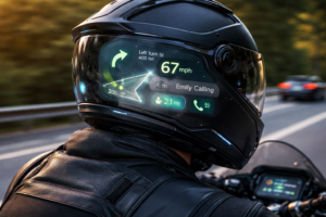 Smart helmet with built-in GPS and Bluetooth, showing heads-up display
