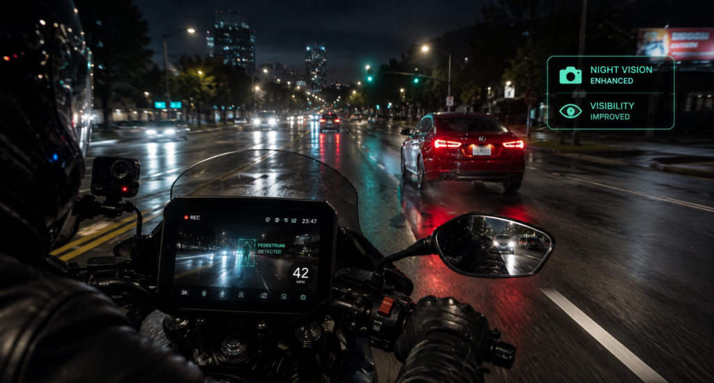 AI motorcycle dashcam improving visibility during nighttime riding conditions