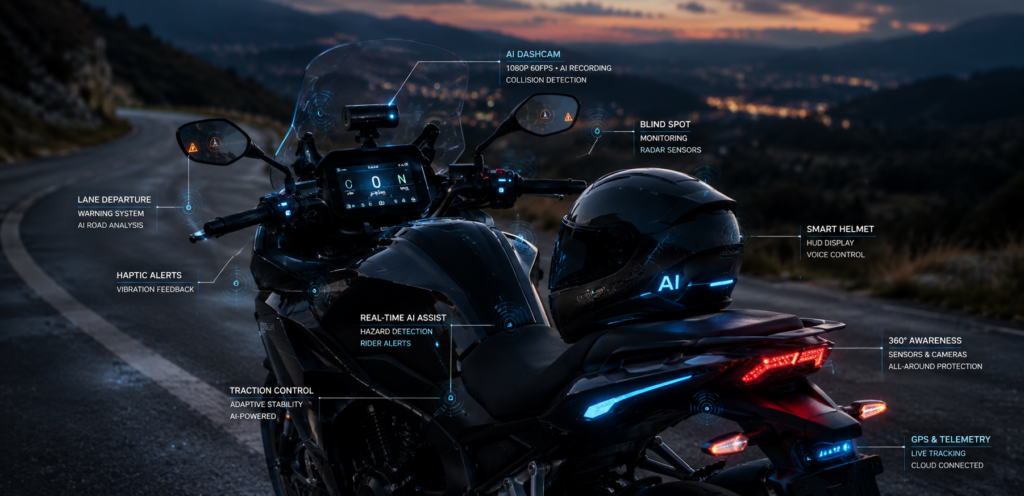 Modern motorcycle equipped with futuristic AI safety systems
