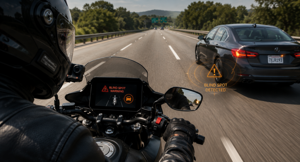Motorcycle rider receiving blind spot warning from AI safety camera system
