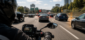 Motorcyclist using AI motorcycle dashcam technology while riding through traffic
