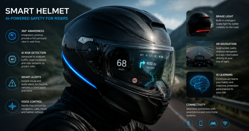 Futuristic smart helmet showcasing augmented reality and AI safety systems for motorcycle riders
