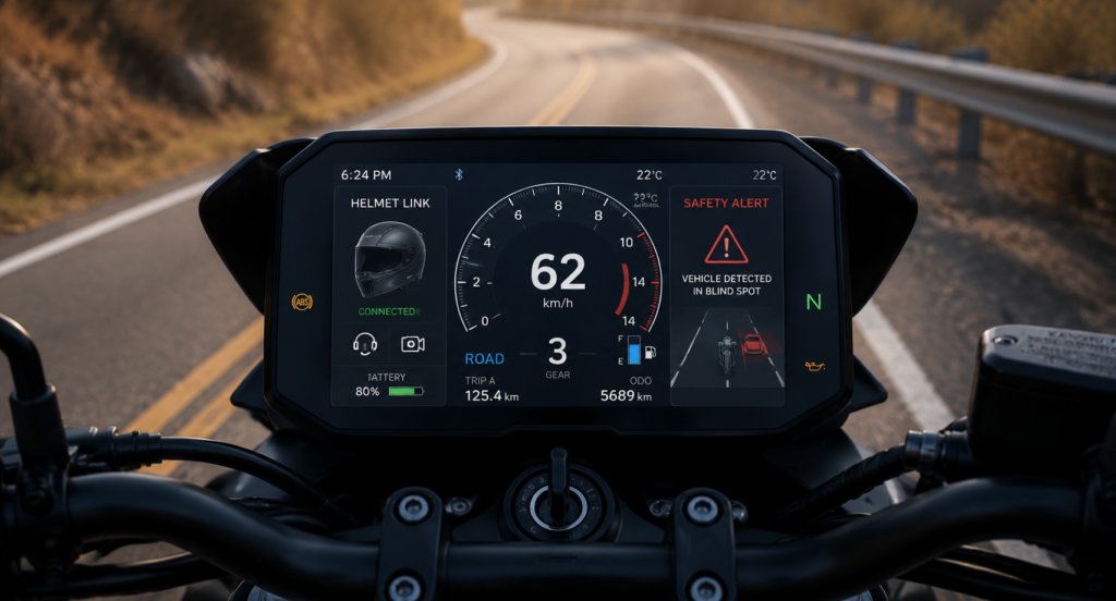Motorcycle dashboard displaying integration with smart helmet and safety alerts