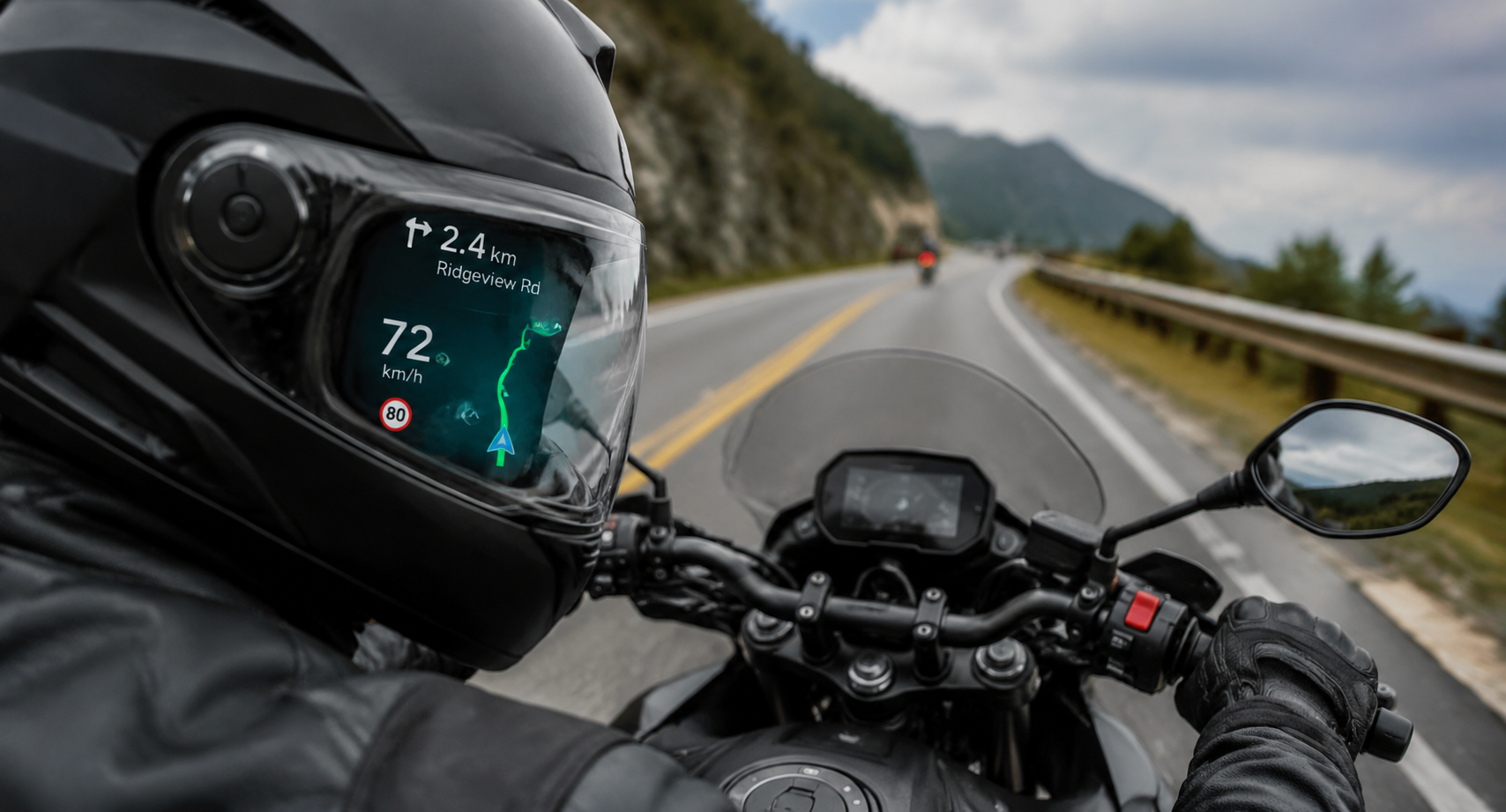 Motorcyclist wearing a smart helmet with augmented reality heads-up display showing navigation and speed