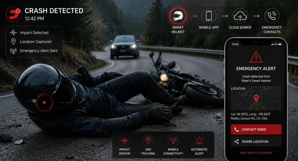 Smart helmet detecting crash and sending emergency alert while rider is on the road