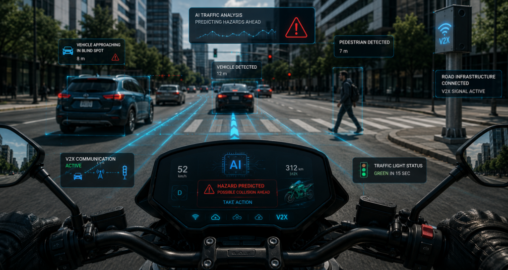 Futuristic connected motorcycle using AI and V2X technology to predict traffic hazards ahead