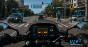 Motorcycle dashboard showing V2X crash prevention alerts from connected vehicles and infrastructure