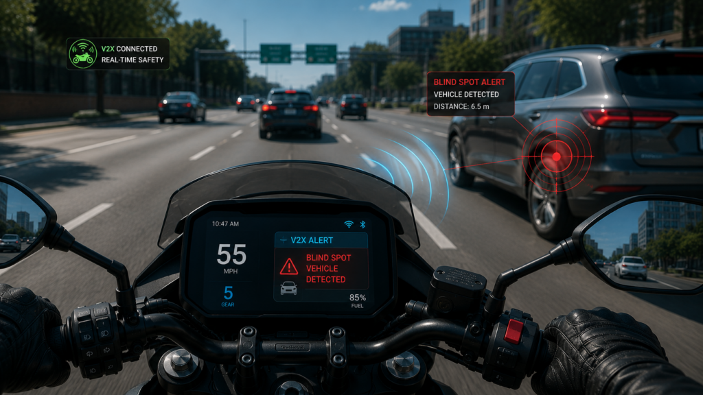 Motorcycle rider getting a real‑time V2X blind spot alert from a nearby vehicle