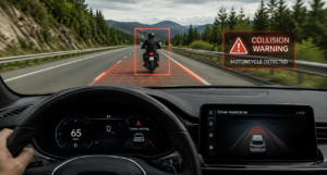 ADAS motorcycle warning system detecting a rider ahead