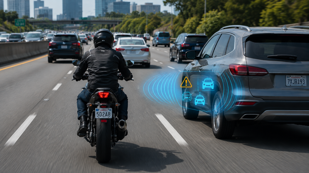 Motorcyclist riding defensively around vehicles with ADAS