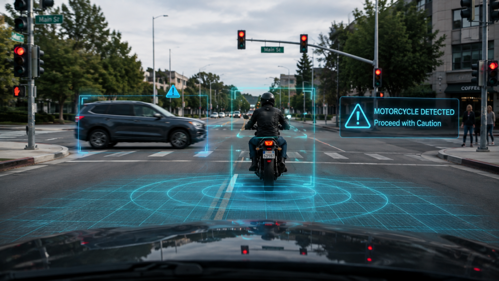 Vehicle ADAS sensors detecting a motorcycle at an intersection