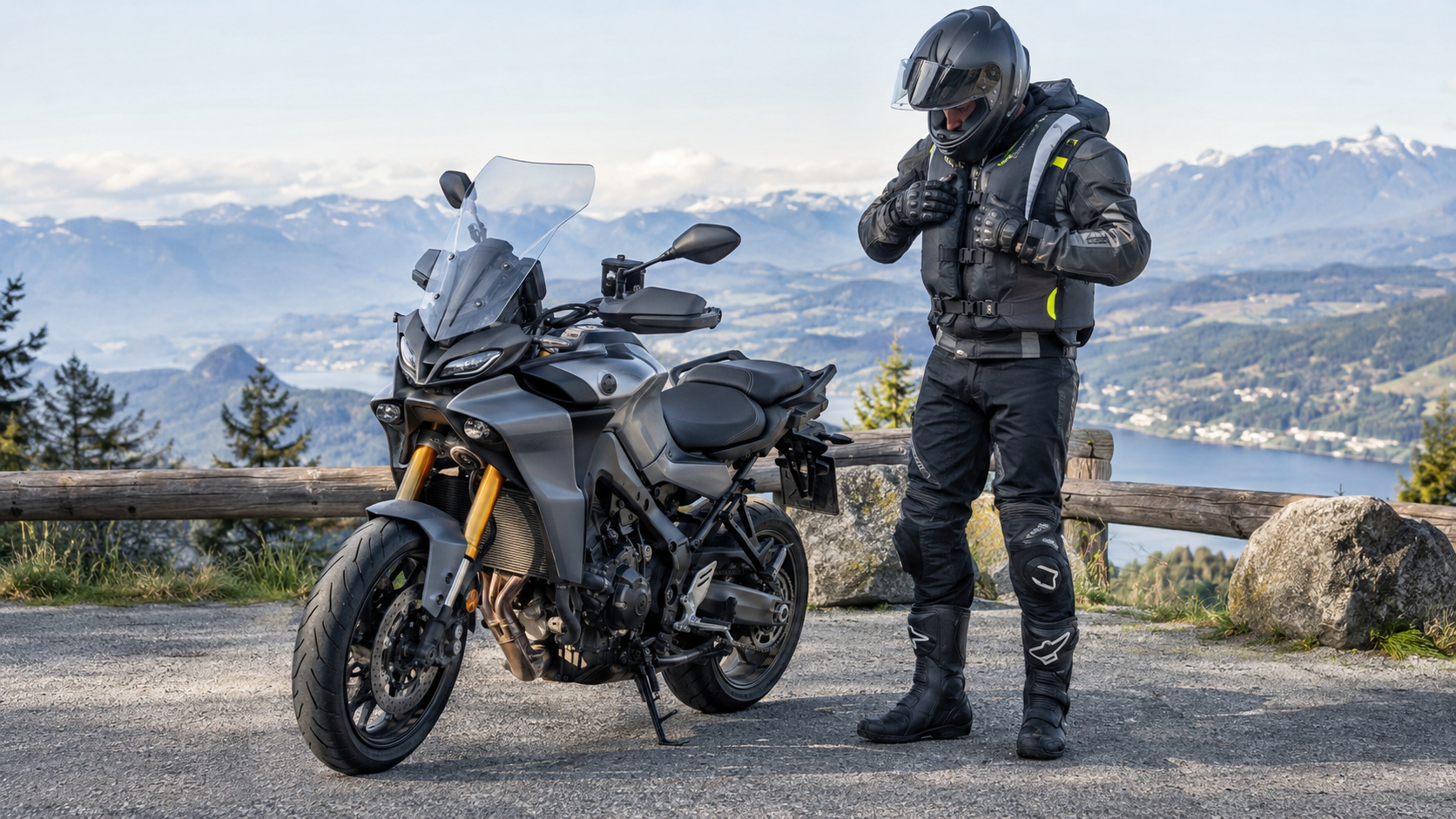 Motorcyclist wearing an electronic motorcycle airbag vest with protective riding gear